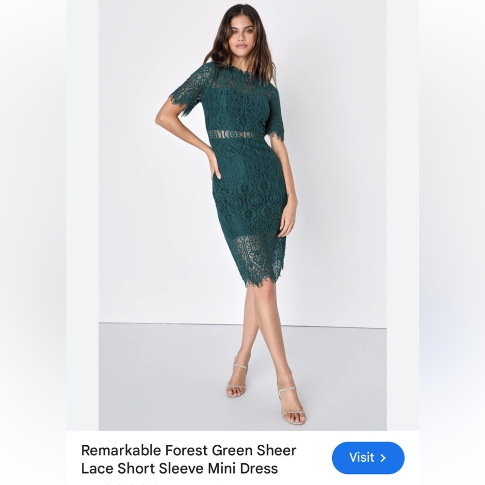 LULUS Remarkable Forest Green Sheer Lace Short Sleeve Mini Dress - Picture 2 of 15